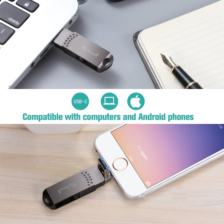 Richwell 32G Type-C + 8 Pin + USB 3.0 Metal Flash Disk with OTG Function(Silver) - free shipping - PMC Jewellery - Order now!