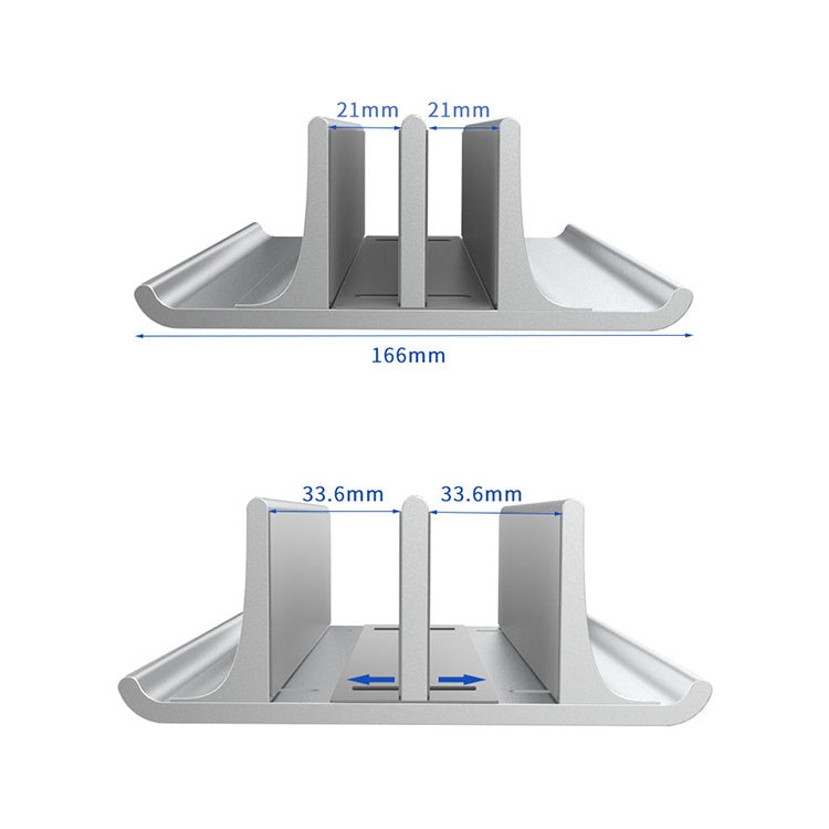 Universal Portable Aluminum Alloy Double Slot Width Adjustable Laptop Vertical Storage Stand Base(Silver)
