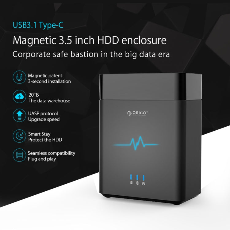 ORICO DS200C3 3.5 inch 2 Bay Magnetic-type USB-C / Type-C Hard Drive Enclosure with Blue LED Indicator(Black)