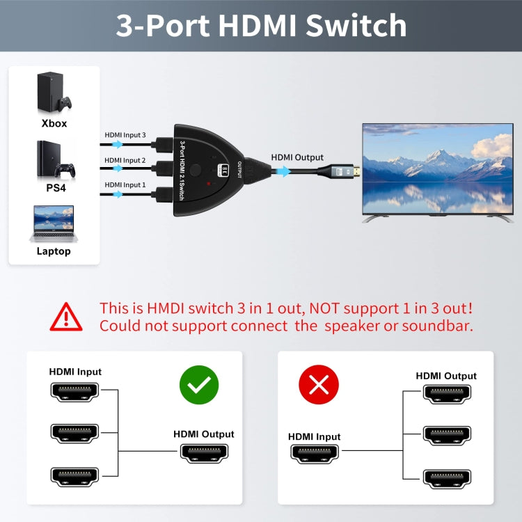 3 Port HDMI 8K Switcher Selector Box with Pigtail Cable (Black)