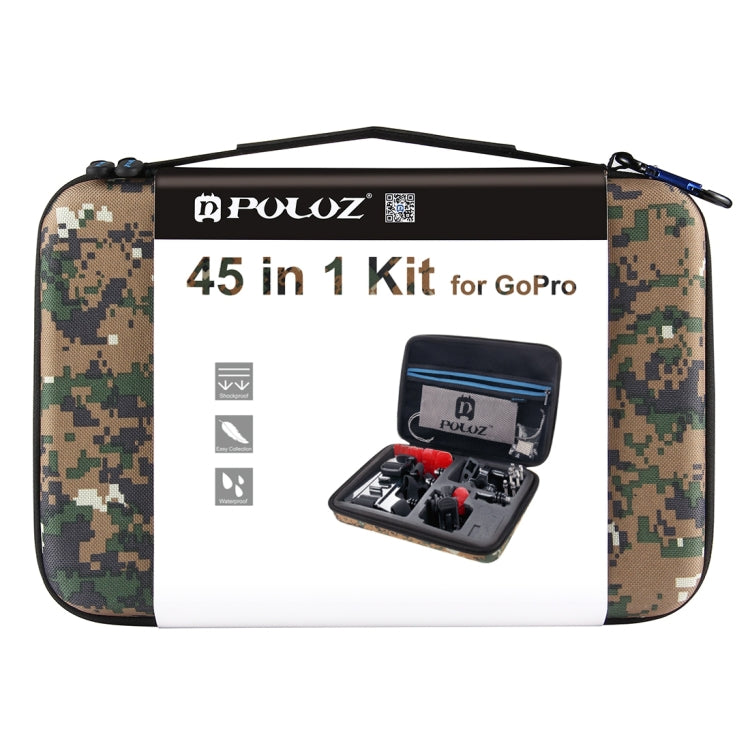 PULUZ 45 in 1 Accessories Ultimate Combo Kits with Camouflage EVA Case (Chest Strap + Suction Cup Mount + 3-Way Pivot Arms + J-Hook Buckle + Wrist Strap + Helmet Strap + Surface Mounts + Tripod Adapte ... for GoPro, Insta360, DJI and Other Action Cameras