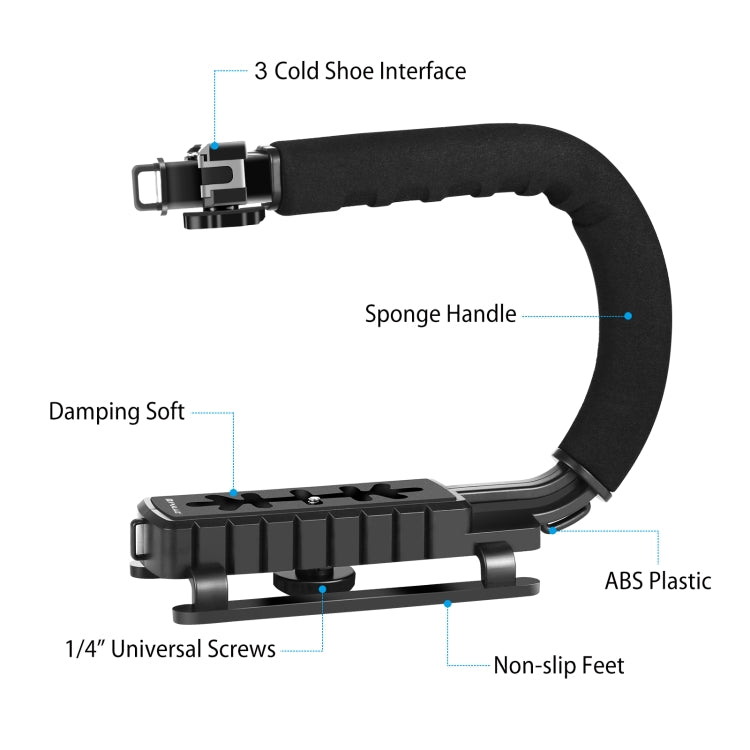 PULUZ U/C Shape Portable Handheld DV Bracket Stabilizer + LED Fill Light Kit with Cold Shoe Tripod Head for All SLR Cameras and Home DV Camera