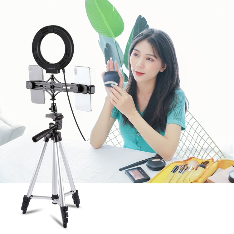 PULUZ Tripod Mount + Live Broadcast Dual Phone Bracket + 6.2 inch 16cm LED Ring Vlogging Video Light Kits