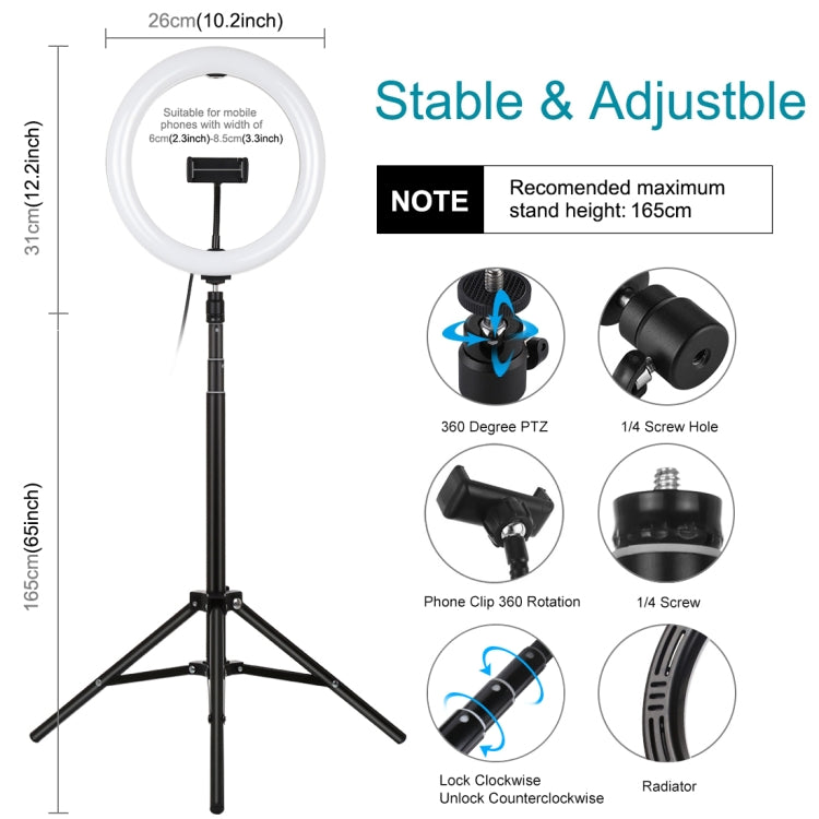 PULUZ 10.2 inch 26cm Light + 1.65m Tripod Mount Curved Surface USB 3 Modes Dimmable Dual Color Temperature Ring Vlogging Video Light Live Broadcast Kits with Phone Clamp & Selfie Remote Control(Black)