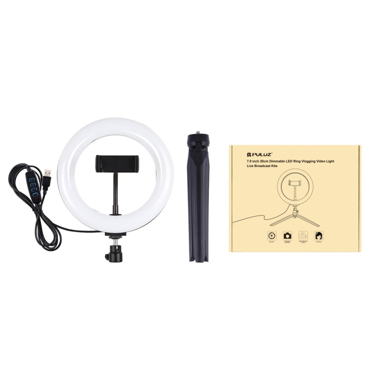 PULUZ 7.9 inch 20cm Light + Desktop Tripod Mount USB 3 Modes Dimmable Dual Color Temperature LED Curved Light Ring Vlogging Selfie Beauty Photography Video Lights with Phone Clamp(Black)