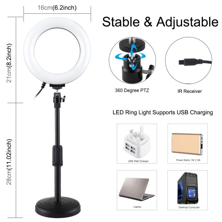 PULUZ 6.2 inch 16cm RGBW Light + Round Base Desktop Holder USB Dimmable LED Ring Vlogging Photography Video Lights with Cold Shoe Tripod Ball Head & Remote Control(Black)