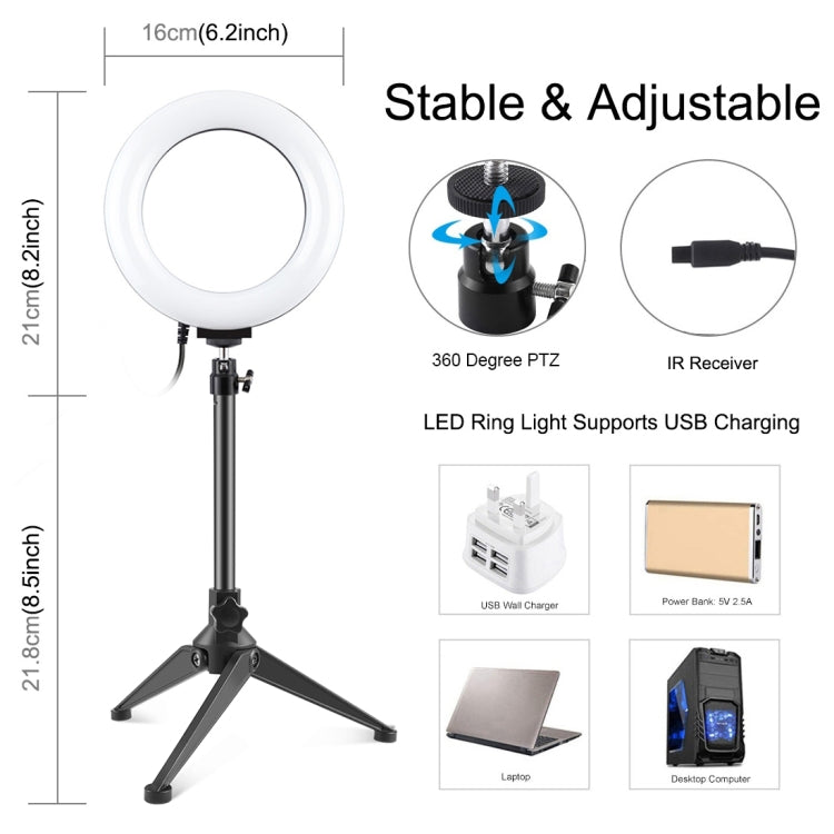 PULUZ 6.2 inch 16cm RGBW Light + Desktop Tripod Mount + USB Dimmable LED Ring Vlogging Photography Video Lights with Cold Shoe Tripod Ball Head & Remote Control(Black)