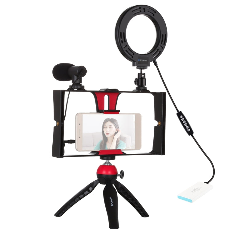 PULUZ 4 in 1 Vlogging Live Broadcast Smartphone Video Rig + 4.7 inch 12cm RGBW Ring LED Selfie Light + Microphone + Pocket Tripod Mount Kits with Cold Shoe Tripod Head(Red)