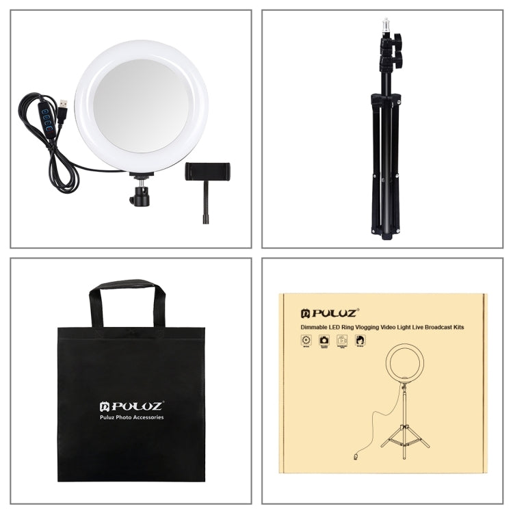 PULUZ 7.9 inch 20cm Mirror Light+ 1.1m Tripod Mount USB 3 Modes Dimmable Dual Color Temperature LED Curved Light Ring Vlogging Selfie Photography Video Lights with Mirror & Phone Clamp(Black) - free shipping - PMC Jewellery - Order now!