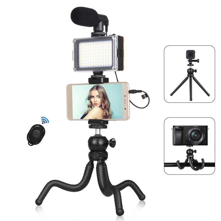PULUZ 4 in 1 Vlogging Live Mini Octopus Bracket Kit + Studio Light + Microphone + Phone Clamp Kits(Black)