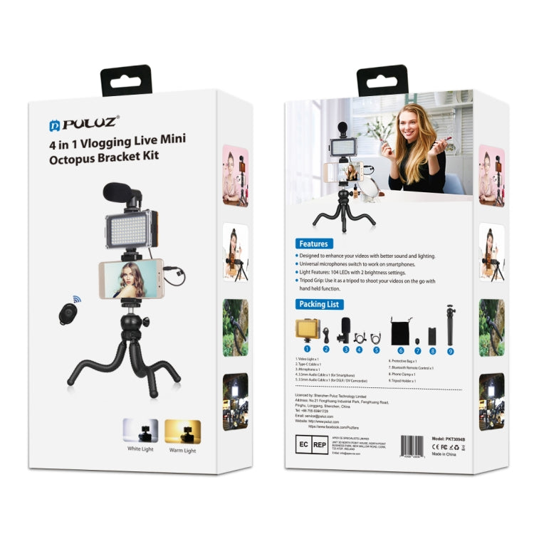 PULUZ 4 in 1 Vlogging Live Mini Octopus Bracket Kit + Studio Light + Microphone + Phone Clamp Kits(Black)