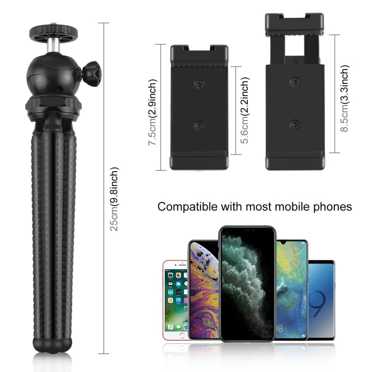 PULUZ 4 in 1 Vlogging Live Mini Octopus Bracket Kit + Studio Light + Microphone + Phone Clamp Kits(Black)