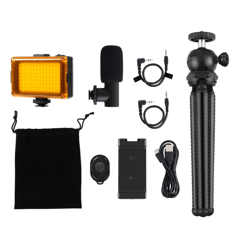 PULUZ 4 in 1 Vlogging Live Mini Octopus Bracket Kit + Studio Light + Microphone + Phone Clamp Kits(Black)