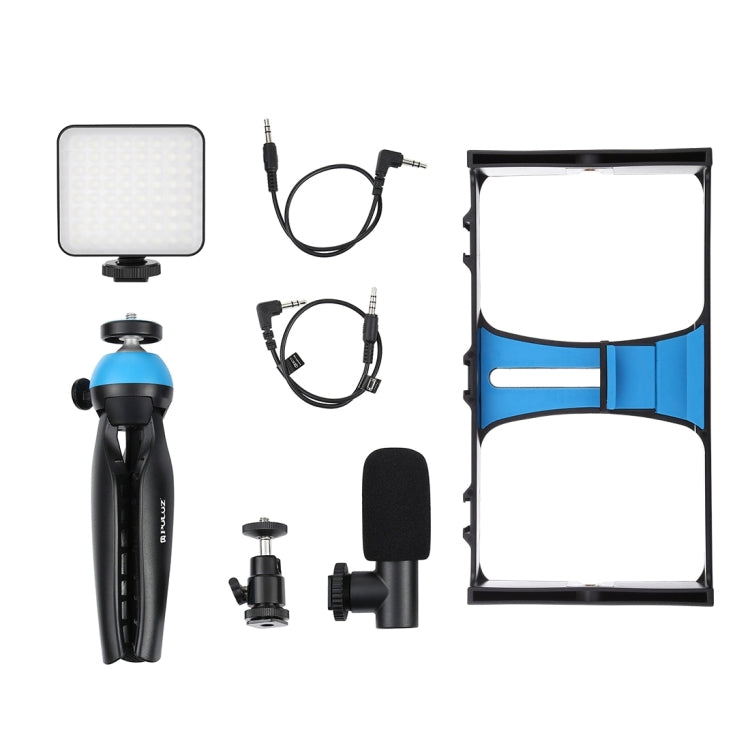 PULUZ 4 in 1 Vlogging Live Broadcast LED Selfie Fill Light Smartphone Video Rig Kits with Microphone + Tripod Mount + Cold Shoe Tripod Head for iPhone, Galaxy, Huawei, Xiaomi, HTC, LG, Google, and Other Smartphones (Blue)