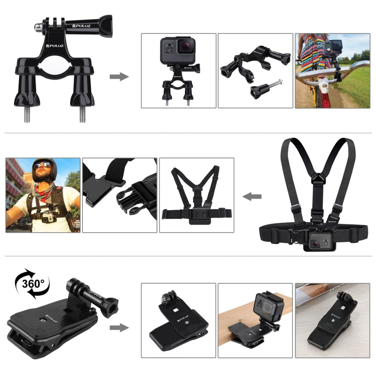 PULUZ 50 in 1 Accessories Total Ultimate Combo Kits with EVA Case (Chest Strap + Suction Cup Mount + 3-Way Pivot Arms + J-Hook Buckle + Wrist Strap + Helmet Strap + Extendable Monopod + Surface Mounts ... for GoPro, Insta360, DJI and Other Action Cameras
