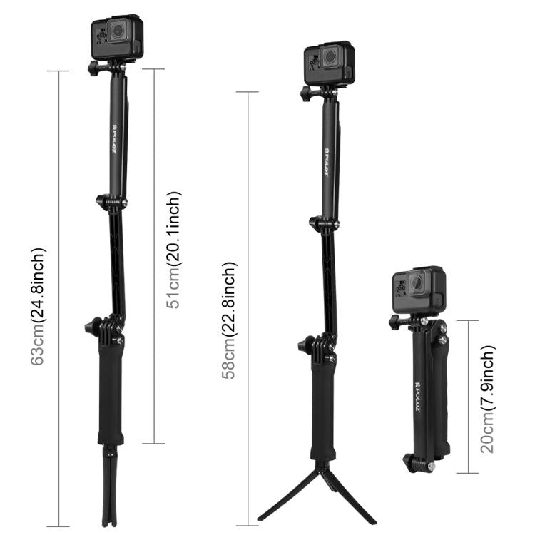 PULUZ 3-Way Grip Foldable Tripod Selfie-stick Extension Monopod for GoPro, Insta360 ONE R, DJI Osmo Action and Other Action Cameras, Length: 20-58cm
