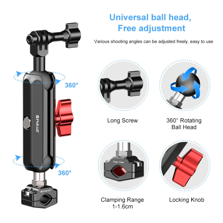 PULUZ Motorcycle Rearview Small Clamp CNC Metal Magic Arm Rod Mount (Black)