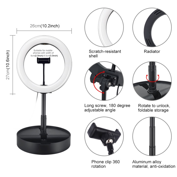 PULUZ 10.2 inch 26cm USB 3 Modes Dimmable Dual Color Temperature LED Curved Ring Vlogging Selfie Photography Video Lights with Bluetooth Remote Shutter & Folding Desktop Holder & Phone Clamp(Black)