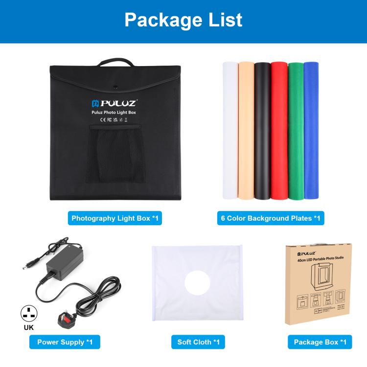 PULUZ 40cm Folding Portable White Light Dimmable Photo Lighting Studio Shooting Tent Box Kit with 6 Colors (Black, Orange, White, Red, Green, Blue) Backdrops(UK Plug)