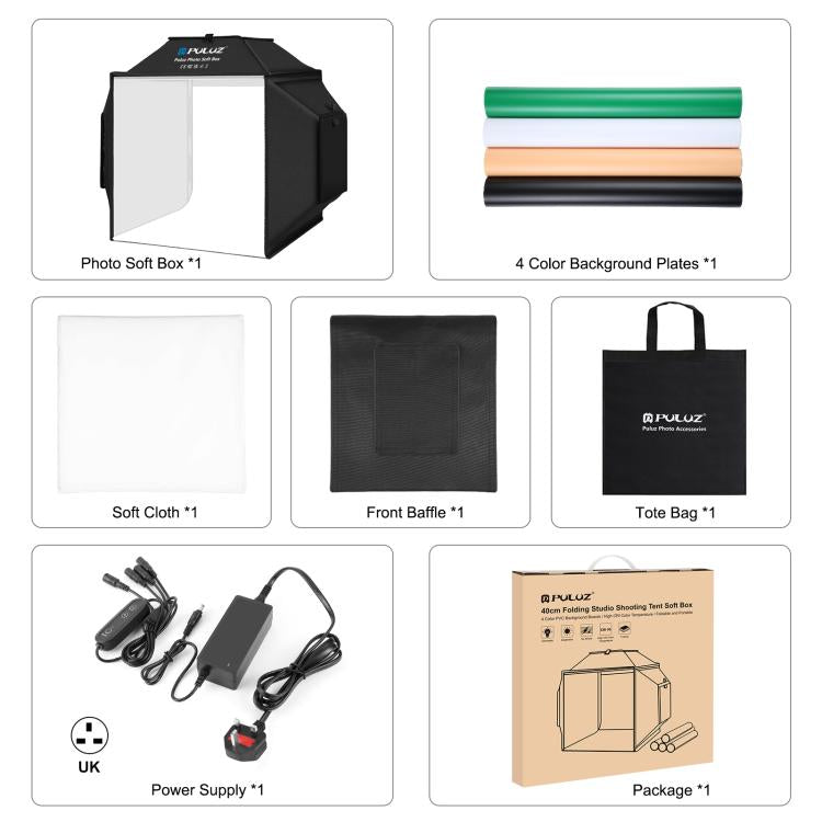 PULUZ 40cm Folding 72W 5500K Studio Shooting Tent Soft Box Photography Lighting Kit with 4 Colors (Black, Orange, White, Green) Backdrops(UK Plug) - free shipping - PMC TechLife - Order now!