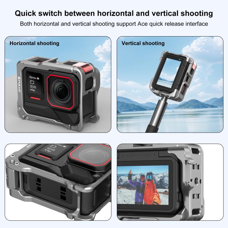 For Insta360 Ace Pro 2 PULUZ Aluminum Alloy Protective Cage Rig Dual Cold Shoe Housing Frame (Silver)