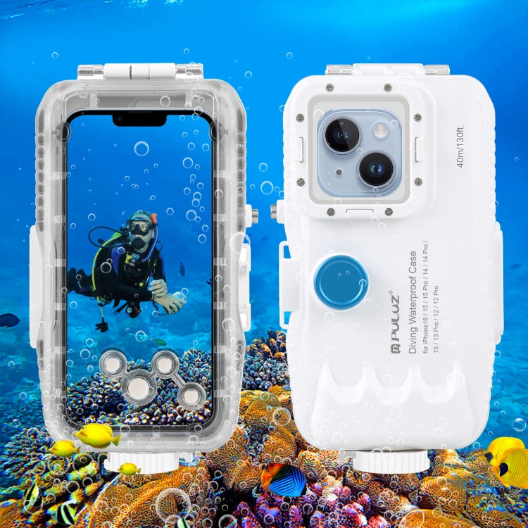 PULUZ 40m/130ft Water-resistant Diving Case for iPhone 16 / 15 / 15 Pro / 14 / 14 Pro / 13 / 13 Pro / 12 / 12 Pro, with One-way Valve Photo Video Taking Underwater Housing Cover(White)