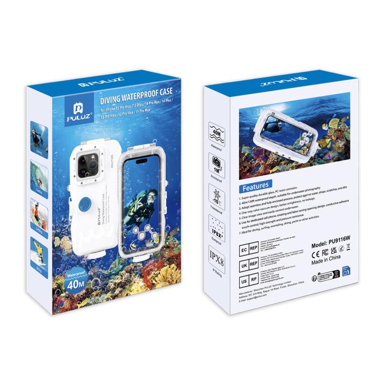 PULUZ 40m/130ft Water-resistant Diving Case for iPhone 15 Pro Max / 15 Plus / 14 Plus / 14 Pro Max / 13 Pro Max / 12 Pro Max / 11 Pro Max, with One-way Valve Photo Video Taking Underwater Housing Cover(White)