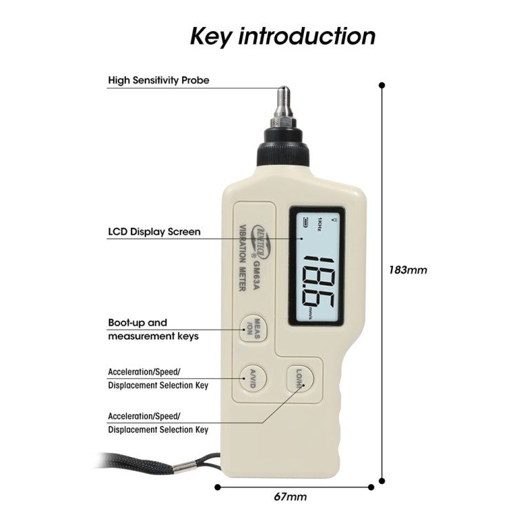 BENETECH GM63A Vibration Meter Digital Tester Vibrometer Analyzer Acceleration Velocity(White)