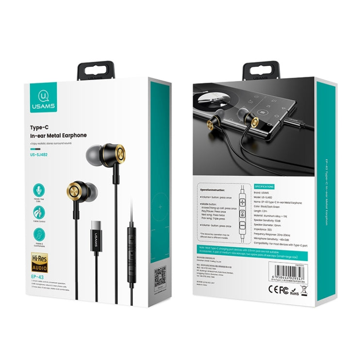USAMS US-SJ482 EP-43 Wired In Ear USB-C / Type-C Interface Metal Digital HiFi Noise Reduction Earphones with Mic & Digital Chip, Length: 1.2m(Black) - free shipping - PMC Jewellery - Order now!