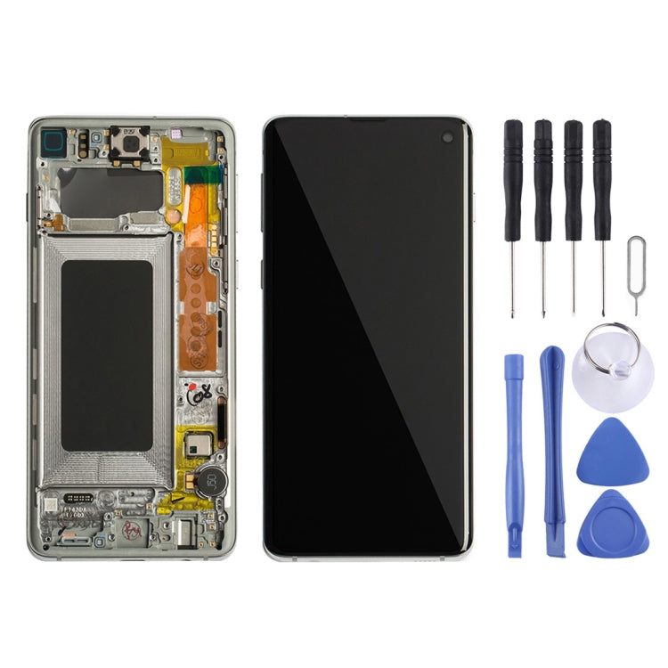 Original Super AMOLED LCD Screen for Galaxy S10 4G Digitizer Full Assembly with Frame (White)
