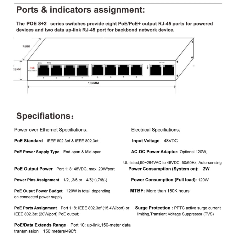 ESCAM POE 8+2 10-Port Fast Ethernet Switch 8-Port POE 10/100M 120W Network Switch, Transmission Distance: 150m(Blue)