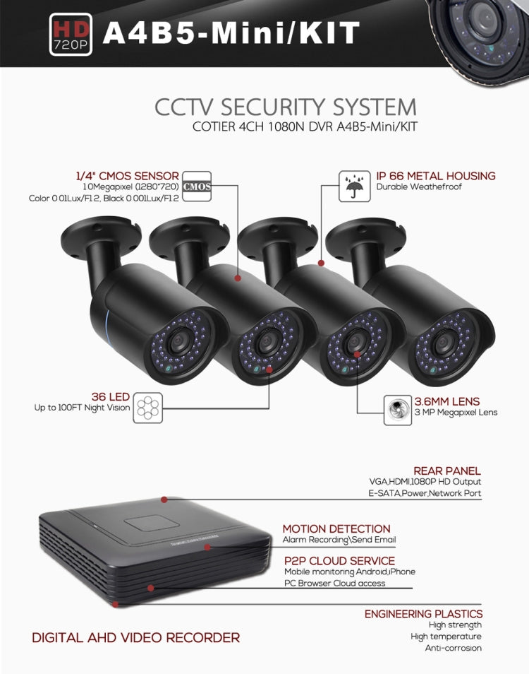 A4B5-Mini 4 Channel 720P 1.0 Mega Pixel 4 x Bullet AHD Cameras AHD DVR Kit, Support Night Vision / Motion Detection, IR Distance: 20m - Video Recorder Kit by PMC Jewellery | Online Shopping South Africa | PMC Jewellery | Buy Now Pay Later Mobicred