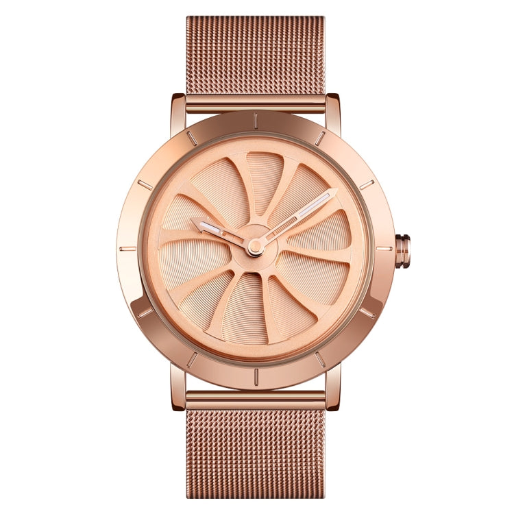 SKMEI 9204 Fashion Skeleton Rotating Dial Water-resistant Business Mesh Belt Quartz Watch Men Watch(Rose Gold)