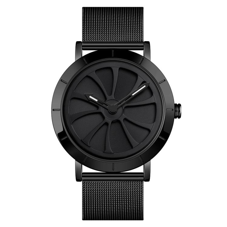 SKMEI 9204 Fashion Skeleton Rotating Dial Water-resistant Business Mesh Belt Quartz Watch Men Watch(Black)