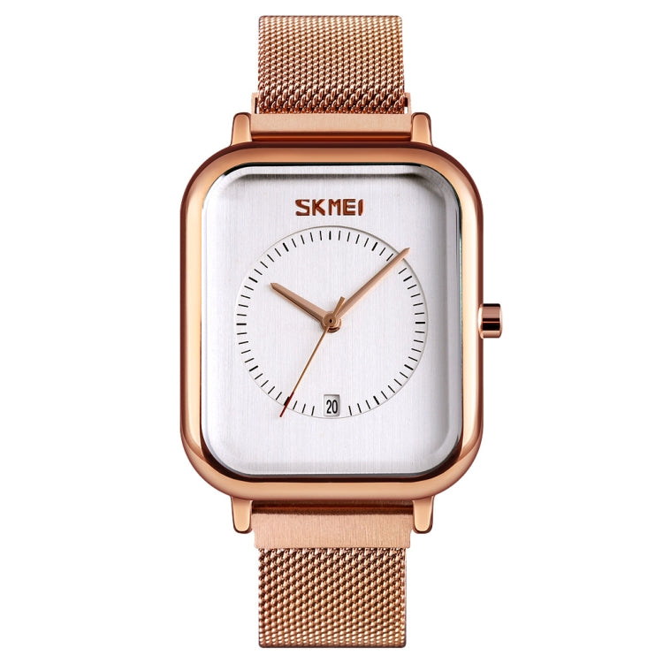 SKMEI 9207 Fashion Creative Simple Watch Men Magnetic Buckle Mesh Belt Steel Belt Couple Quartz Watch(Rose Gold White)