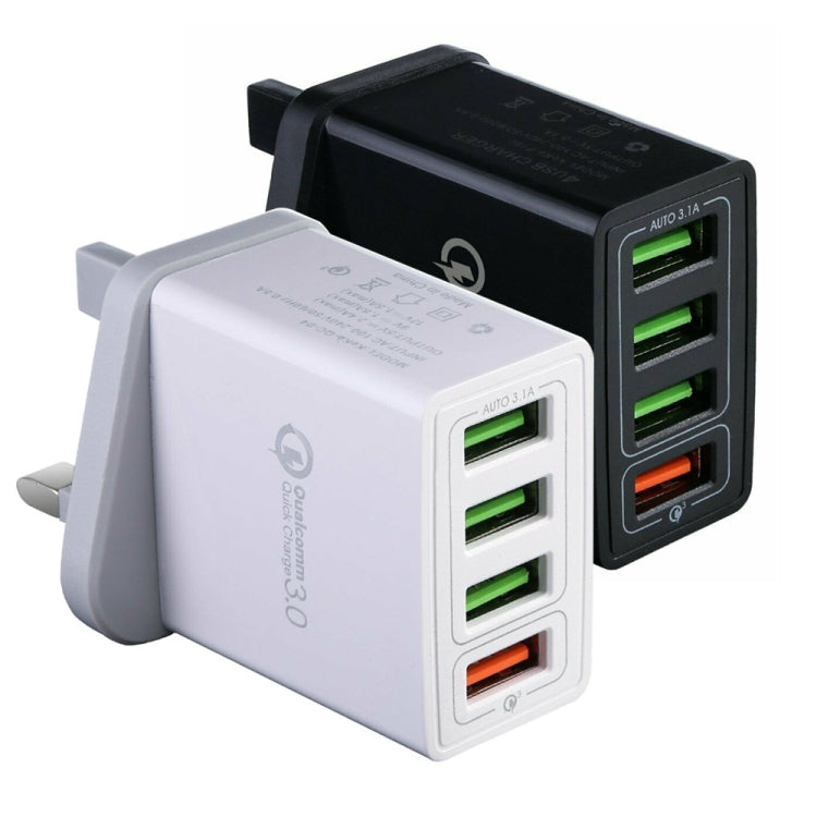 2 in 1 1m USB to 8 Pin Data Cable + 30W QC 3.0 4 USB Interfaces Mobile Phone Tablet PC Universal Quick Charger Travel Charger Set, UK Plug(Black)