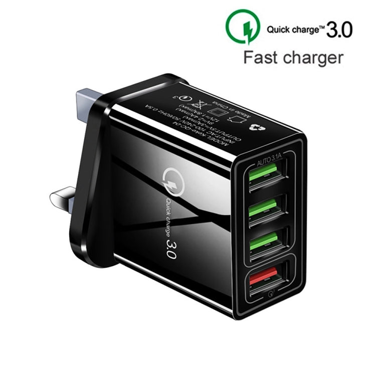 2 in 1 1m USB to 8 Pin Data Cable + 30W QC 3.0 4 USB Interfaces Mobile Phone Tablet PC Universal Quick Charger Travel Charger Set, UK Plug(Black)