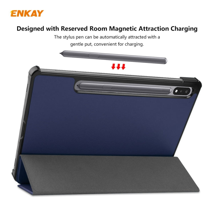 ENKAY ENK-8010 PU Leather + Plastic Smart Case with Three-folding Holder for Samsung Galaxy Tab S8 / Galaxy Tab S7 11.0 T870 / T875(Dark Blue)