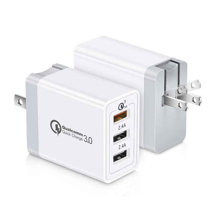 SDC-30W 2 in 1 USB to 8 Pin Data Cable + 30W QC 3.0 USB + 2.4A Dual USB 2.0 Ports Mobile Phone Tablet PC Universal Quick Charger Travel Charger Set, US Plug