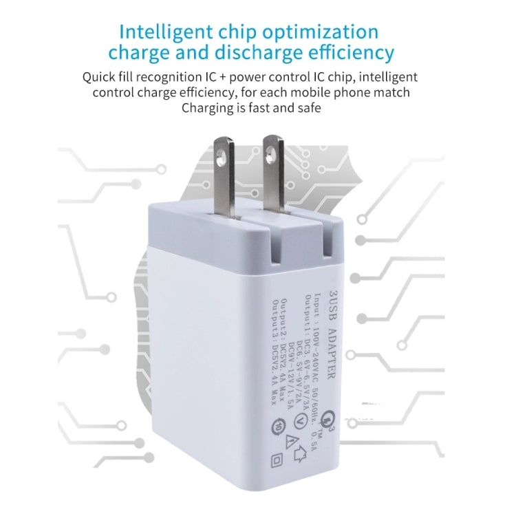 SDC-30W 2 in 1 USB to 8 Pin Data Cable + 30W QC 3.0 USB + 2.4A Dual USB 2.0 Ports Mobile Phone Tablet PC Universal Quick Charger Travel Charger Set, US Plug