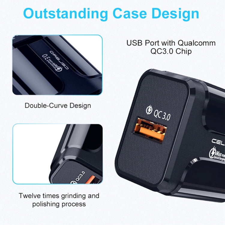 LZ-023 18W QC 3.0 USB Portable Travel Charger + 3A USB to 8 Pin Data Cable, EU Plug(Black)