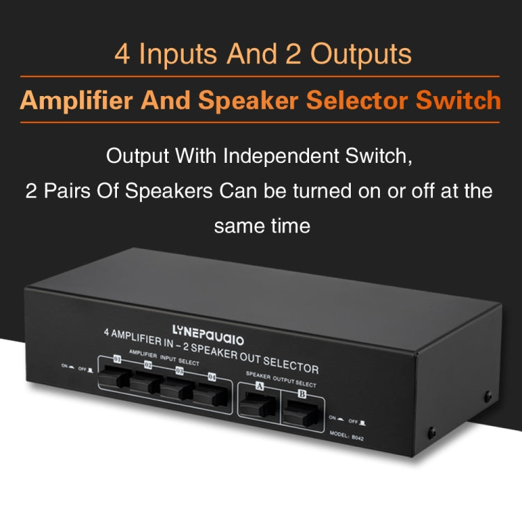 B042 4-in 2-out Power Amplifier Sound Switcher Loudspeaker Switch Distributor, 300W Per Channel Lossless Sound Quality