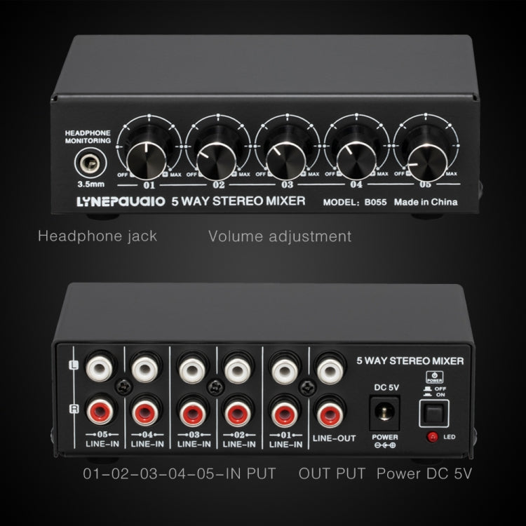 B055 5-Channel Active Stereo Mixer Multi-Channel Mixer with Independent Volume Adjustment & USB 5V Power Output & Headphone Monitoring, US Plug