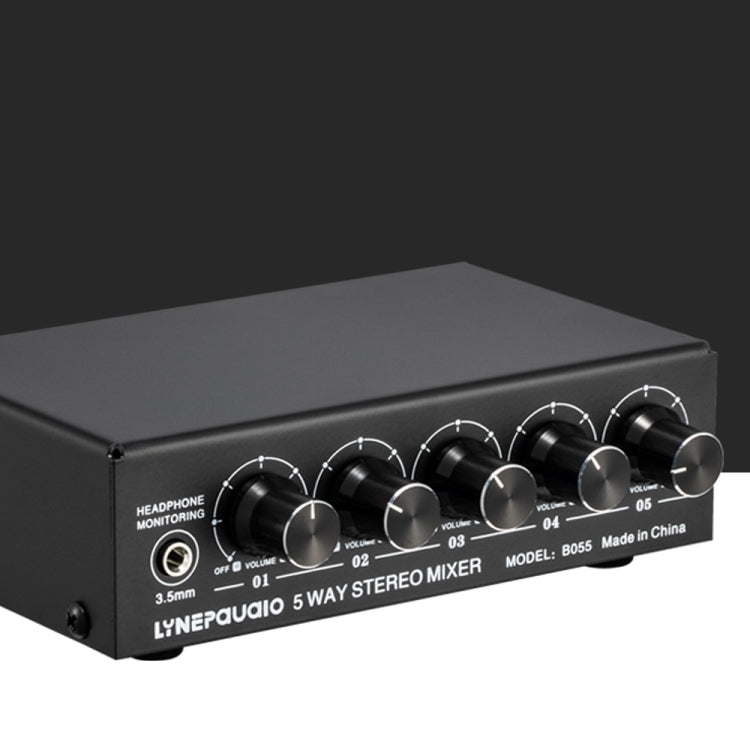 B055 5-Channel Active Stereo Mixer Multi-Channel Mixer with Independent Volume Adjustment & USB 5V Power Output & Headphone Monitoring, US Plug