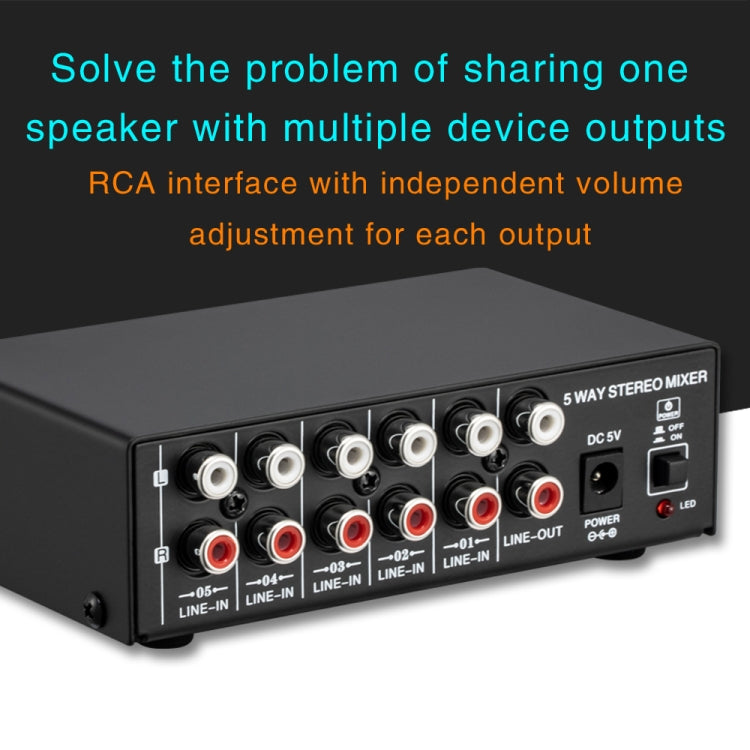 B055 5-Channel Active Stereo Mixer Multi-Channel Mixer with Independent Volume Adjustment & USB 5V Power Output & Headphone Monitoring, US Plug