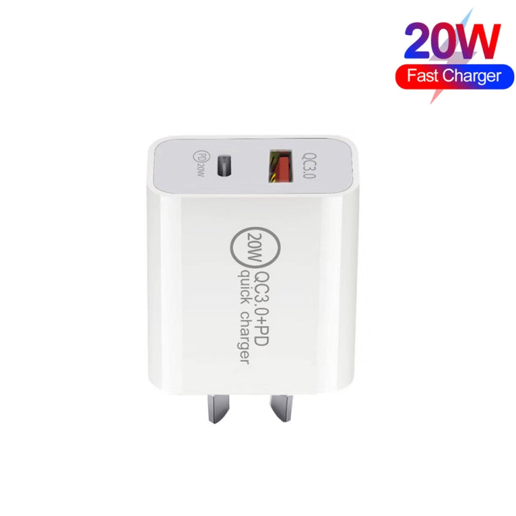 TCS-20WACA 20W PD Type-C + QC 3.0 USB Interface Fast Charging Travel Charger with USB to 8 Pin Fast Charge Data Cable AU Plug