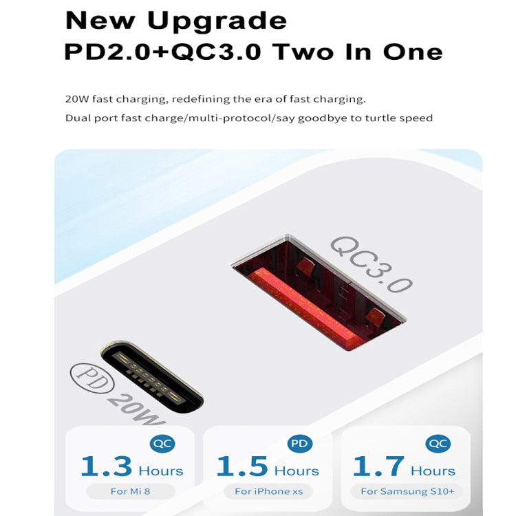 TCS-20WACA 20W PD Type-C + QC 3.0 USB Interface Fast Charging Travel Charger with USB to 8 Pin Fast Charge Data Cable AU Plug