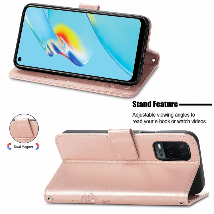 For OPPO A54 4G Four-leaf Clasp Embossed Buckle Mobile Phone Protection Leather Case with Lanyard & Card Slot & Wallet & Bracket Function(Rose Gold)