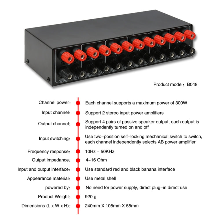 2-in 4-out Power Amplifier Speaker Switcher Splitter Comparator 300W Per Channel Without Loss Of Sound Quality - by PMC Jewellery | Online Shopping South Africa | PMC Jewellery | Buy Now Pay Later Mobicred
