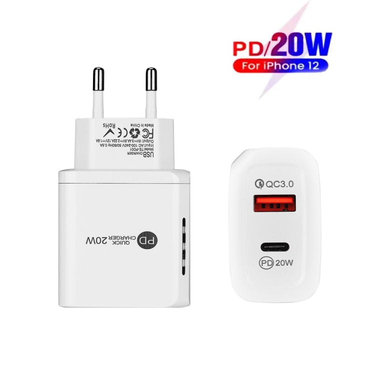 TE-PD01 PD 20W + QC3.0 USB Dual Ports Quick Charger with Indicator Light, EU Plug(White)